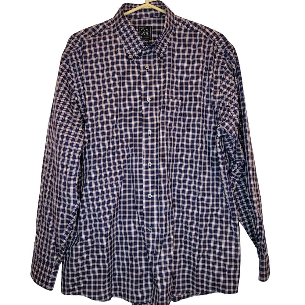 Jos A Banks blue white and red long sleeved plaid button up shirt Size L Preppy
